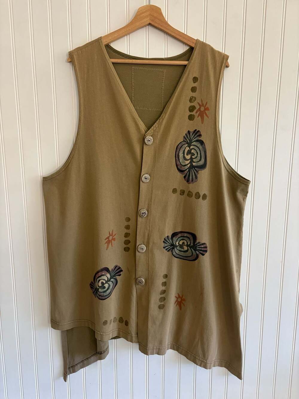 Blue Fish Vintage Hand-Painted Artisan Vest with Asymmetrical Hem Lagenlook